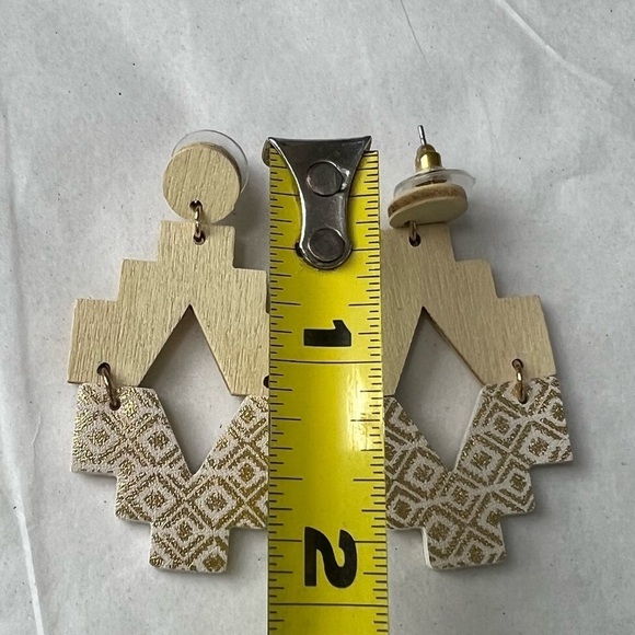 Gold Printed Wood Earrings, Ivory - Picture 2 of 3